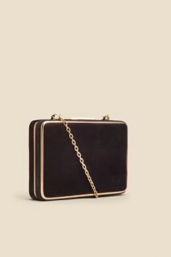 Black Velvet Clasp Detail Clutch Bag With Detachable Strap