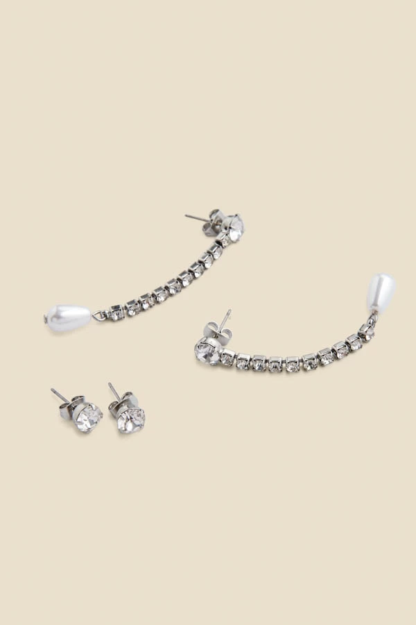 Silver Diamante Stud & Pearl Drop Earrings Set Of Two 2 Silver Diamante Stud & Pearl Drop Earrings Set Of Two - Image 2