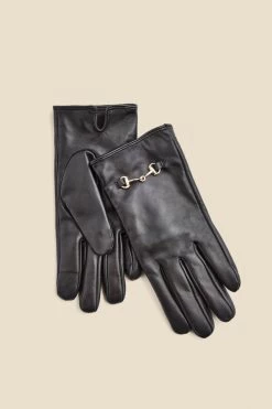 Black Leather Snaffle Trim Gloves