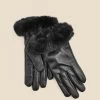 Black Leather Faux Fur Trim Gloves