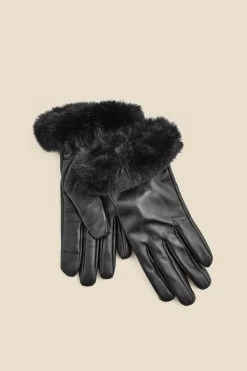 Black Leather Faux Fur Trim Gloves