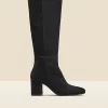 Black Stretch Suede Low Block Heel Knee High Boot