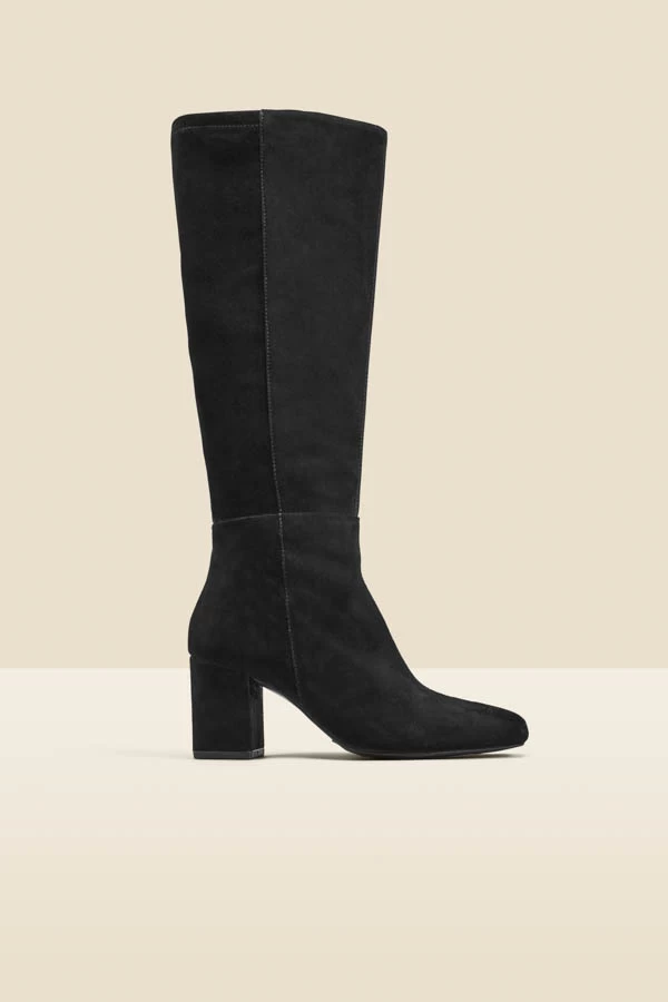 Black Stretch Suede Low Block Heel Knee High Boot 1 Black Stretch Suede Low Block Heel Knee High Boot