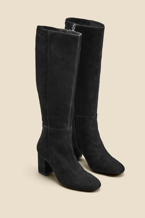Black Stretch Suede Low Block Heel Knee High Boot 2 Black Stretch Suede Low Block Heel Knee High Boot - Image 2