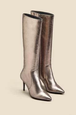 Pewter Leather Stiletto Heel Knee High Boots