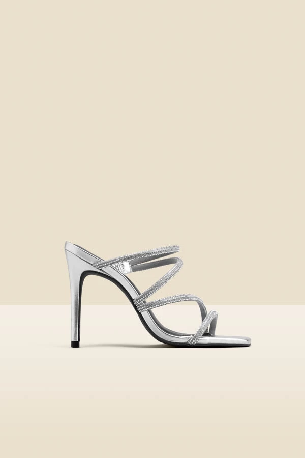 Silver Leather Diamante Strap Square Toe Sandal 2 Silver Leather Diamante Strap Square Toe Sandal - Image 2