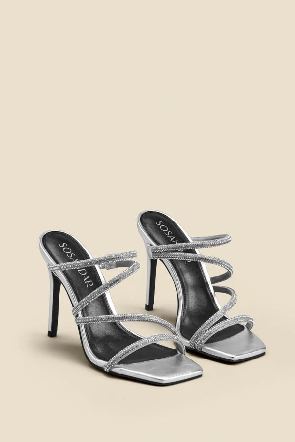 Silver Leather Diamante Strap Square Toe Sandal 1 Silver Leather Diamante Strap Square Toe Sandal