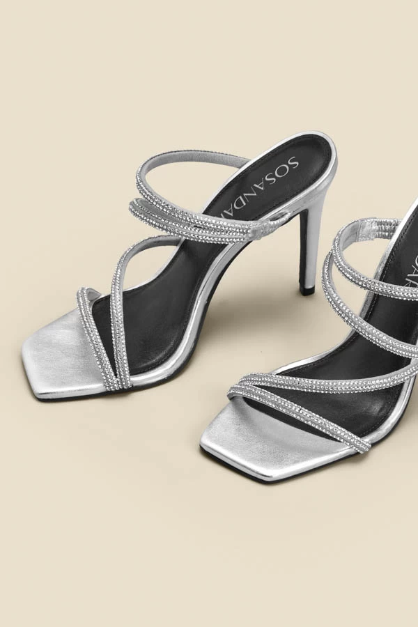 Silver Leather Diamante Strap Square Toe Sandal 3 Silver Leather Diamante Strap Square Toe Sandal - Image 3