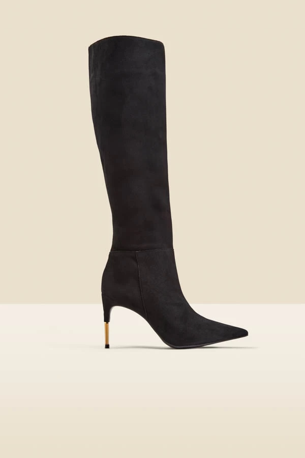 Black Suede Knee High Boot With Gold Heel Detail 2 Black Suede Knee High Boot With Gold Heel Detail - Image 2