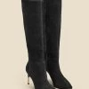 Black Suede Knee High Boot With Gold Heel Detail
