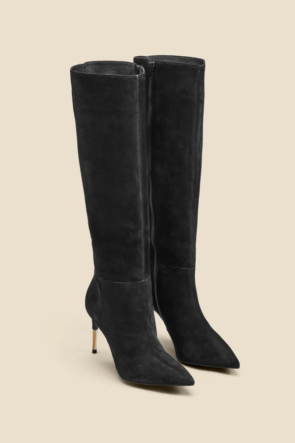 Black Suede Knee High Boot With Gold Heel Detail 1 Black Suede Knee High Boot With Gold Heel Detail