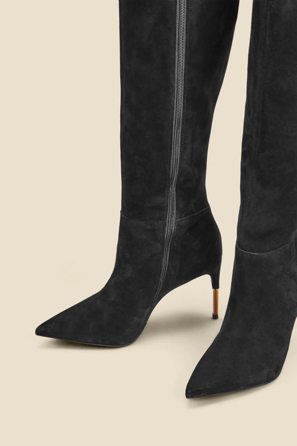 Black Suede Knee High Boot With Gold Heel Detail 3 Black Suede Knee High Boot With Gold Heel Detail - Image 3