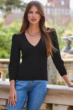 Black Button Front Ruched Sleeve Top 12 Black Button Front Ruched Sleeve Top -Trendora Shop web 2309 09 a23tw040bk0001 s22bd010be0010 s23ol014bk0001 09 041