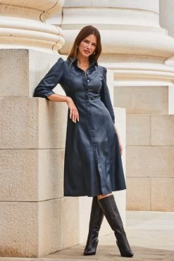 Navy Blue Faux Leather Popper Front Shirt Dress -Trendora Shop web 2309 114 a20dp004be0003 114 072 rc