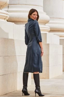 Navy Blue Faux Leather Popper Front Shirt Dress -Trendora Shop web 2309 114 a20dp004be0003 114 161 rc