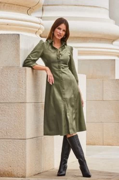 Khaki Green Faux Leather Popper Front Shirt Dress -Trendora Shop web 2309 114 a20dp004gn0002 114 072 rc