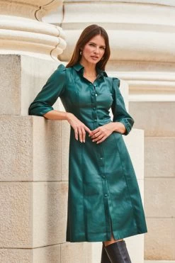 Green Faux Leather Popper Front Shirt Dress -Trendora Shop web 2309 114 a20dp004gn0030 114 078