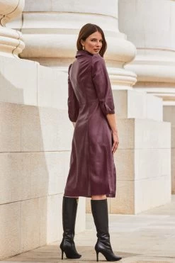 Burgundy Faux Leather Popper Front Shirt Dress -Trendora Shop web 2309 114 a20dp004rd0004 114 161 rc