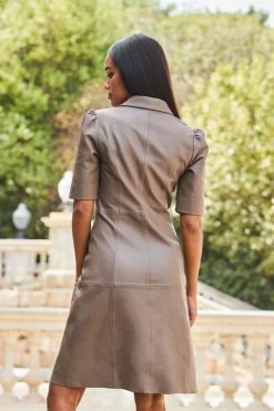 Taupe Leather Button Front Dress -Trendora Shop web 2309 121 a23dl009bn0003 121 197