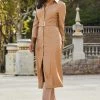 Camel Faux Leather Longline Shirt Dress