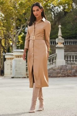 Camel Faux Leather Longline Shirt Dress