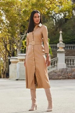 Camel Faux Leather Longline Shirt Dress -Trendora Shop web 2309 122 a23dp010be0040 122 053