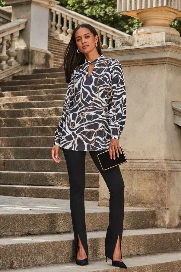 Black & White Multi Print Keyhole Detail Tunic Top 2 Black & White Multi Print Keyhole Detail Tunic Top - Image 2