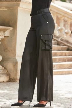Black Satin D Ring Wide Leg Utility Trousers -Trendora Shop web 2309 126 a23tk108bk0001 a23bw038bk0001 126 173