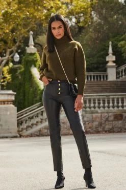 Black Leather Button Front Slim Leg Trousers -Trendora Shop web 2309 128 a22tk484gn0002 128 132 1