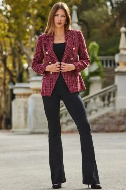 Burgundy Sparkle Boucle Military Blazer -Trendora Shop web 2309 138 s23ow098rd0004 138 031