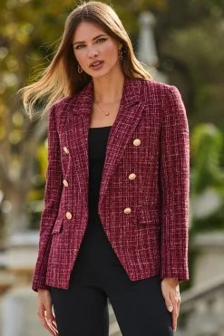 Burgundy Sparkle Boucle Military Blazer -Trendora Shop web 2309 138 s23ow098rd0004 138 045