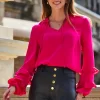 Pink Satin Ruffle Sleeve Tie Neck Blouse