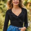 Black Ruffle V Neck Button Detail Top