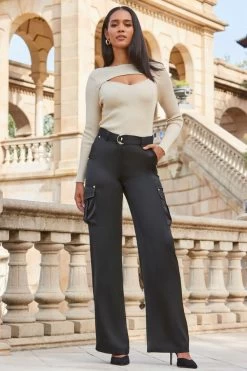 Black Satin D Ring Wide Leg Utility Trousers