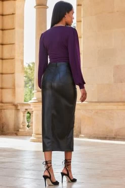 Black Faux Leather Long Line Pencil Skirt With Split -Trendora Shop web 2309 155 a23tj069pe0015 a23sp004bk0001 155 257 1
