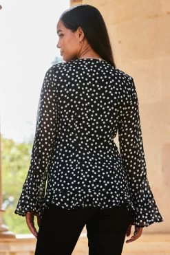 Black Spot Print Ruffle Detail Blouse With Corsage -Trendora Shop web 2309 157 a23tw080bksp01 157 282