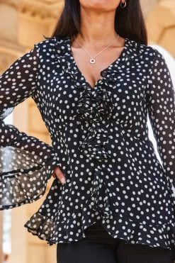 Black Spot Print Ruffle Detail Blouse With Corsage -Trendora Shop web 2309 157 a23tw080bksp01 157 336