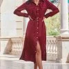 Burgundy Satin Utility Shirt Dress