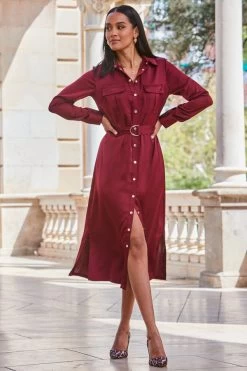 Burgundy Satin Utility Shirt Dress
