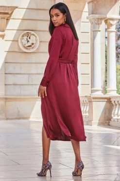 Burgundy Satin Utility Shirt Dress -Trendora Shop web 2309 159 a23dw075rd0039 159 149