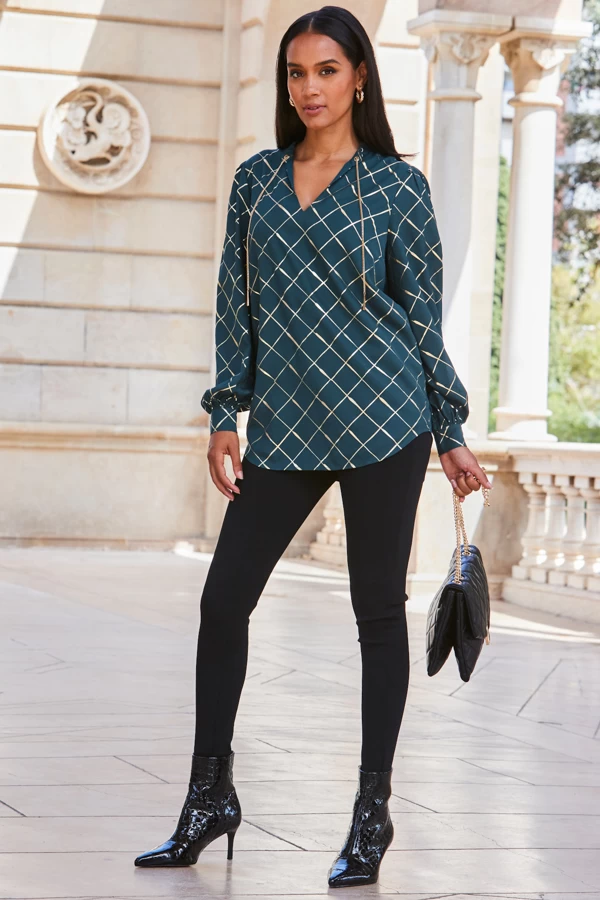 Green & Gold Check Print Chain Lace Up Blouse 2 Green & Gold Check Print Chain Lace Up Blouse - Image 2