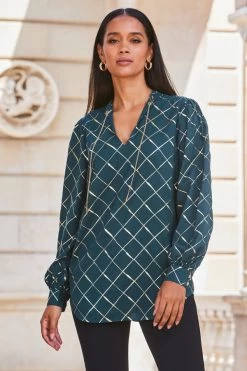 Green & Gold Check Print Chain Lace Up Blouse