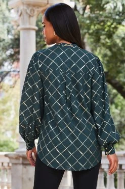 Green & Gold Check Print Chain Lace Up Blouse 8 Green & Gold Check Print Chain Lace Up Blouse -Trendora Shop web 2309 161 a23tw072gr0001 161 192 rt
