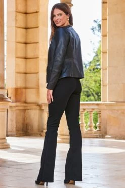 Black Round Neck Leather Jacket With Gold Chain Detail -Trendora Shop web 2309 170 a23ol003bk0001 s23bj001bk0001 170 298