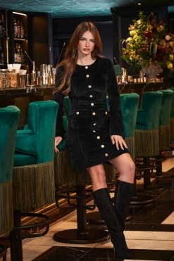 Black Velvet Fit & Flare Dress With Button Pocket Detail -Trendora Shop web 2309 180 a23dd012bk0001 180 005