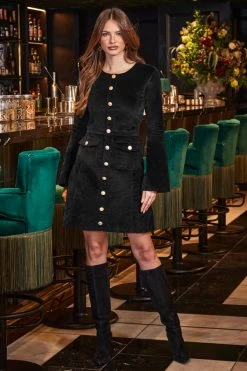 Black Velvet Fit & Flare Dress With Button Pocket Detail