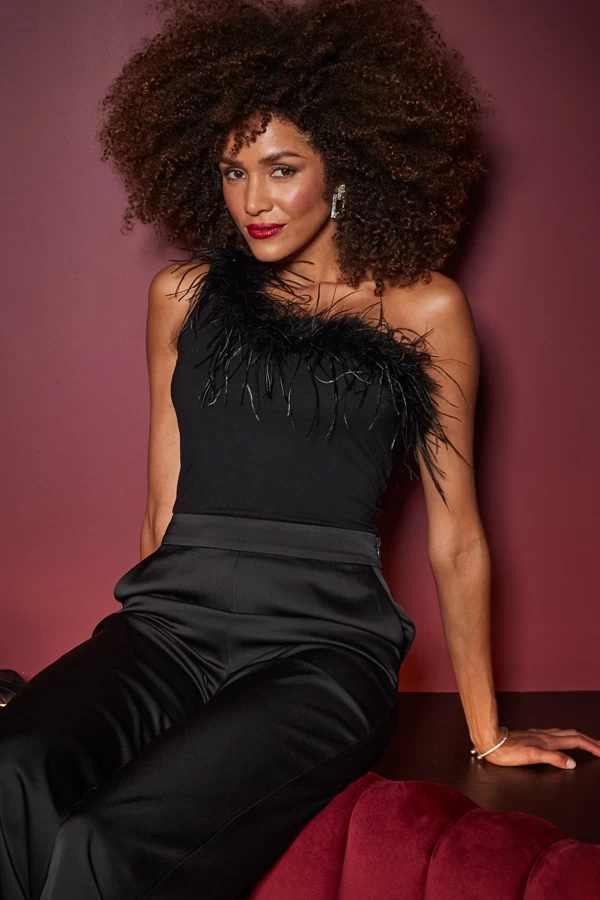 Black One Shoulder Feather Trim Top 1 Black One Shoulder Feather Trim Top