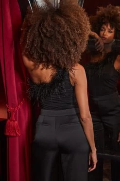 Black One Shoulder Feather Trim Top 8 Black One Shoulder Feather Trim Top -Trendora Shop web 2309 194 a23tj036bk0001 a23bw024bk0001 194 105