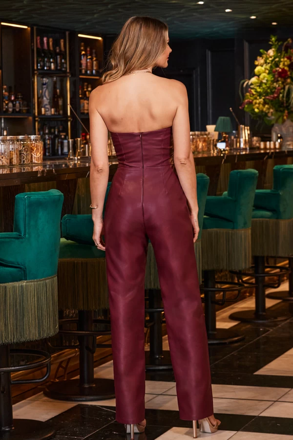 Wine Faux Leather Bandeau Jumpsuit 3 Wine Faux Leather Bandeau Jumpsuit - Image 3