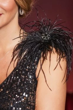 Pewter Sequin Feather Shoulder Pencil Dress -Trendora Shop web 2309 212 a23dw050mc0002 212 138